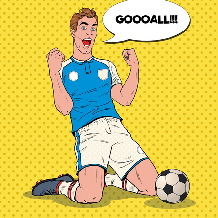 Pop Art Soccer Player Celebrating Goal. Happy Footballer, Sport Concept,  . Vector illustrationのイラスト素材