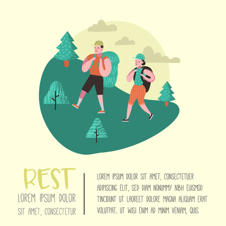 Summer Camping Poster, Banner. Cartoon Characters People Hiking in Mountains Placard, Invitation, Background. Travel Equipment, Outdoor Activities. Vector illustrationのイラスト素材