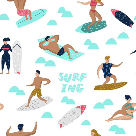 Seamless Pattern with Characters People Surfing at the Beach. Man and Woman Cartoon Surfers. Water Sport Concept. Vector illustrationのイラスト素材