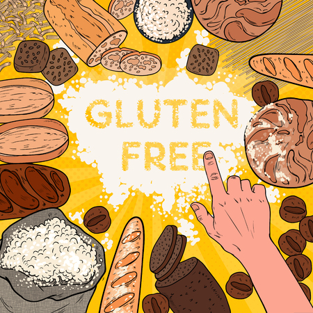Gluten Free Background with Flour, Breads, Pastries and Bakery. Pop Art Vector illustrationのイラスト素材