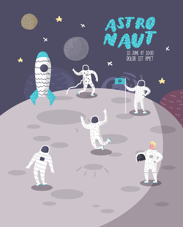 Astronaut Characters Poster, Banner with Stars and Rocket. Cosmonaut in Space and Spaceship.のイラスト素材