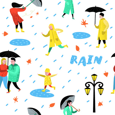 Characters People Walking in the Rain Seamless Pattern. Cartoons in Raincoats with Umbrella. Autumn Rainy Weather, Fall Season. Vector illustrationのイラスト素材