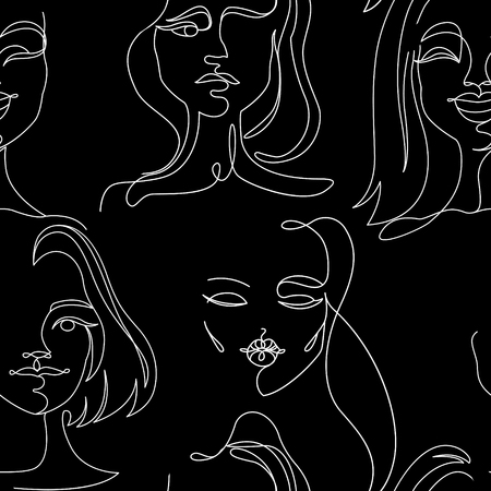 Seamless Pattern with Woman Faces One Line Art Portrait. Female Facial Expression. Hand Drawn Linear Woman Silhouette Background. Vector illustrationのイラスト素材