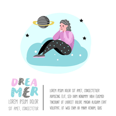 Happy People Dreaming about Something Poster, Banner, Brochure. Woman Dream about Future. Joyful Cartoon Characters. Vector illustrationのイラスト素材