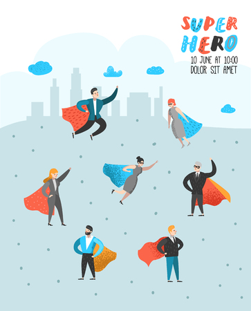 Superhero Business People Characters Poster, Banner. Business Leadership, Success, Motivation Concept. Man and Woman Wearing a Red Cloak. Vector illustrationのイラスト素材