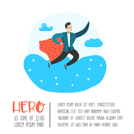 Superhero Business People Character Poster, Banner. Business Leadership, Success, Motivation Concept. Man Wearing a Red Cloak. Vector illustrationのイラスト素材