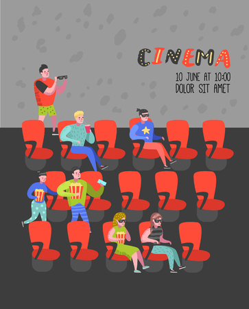 Cartoon People with Popcorn and Soda Watching Movie in the Cinema Seats Poster. Man and Woman Characters in 3d Glasses. Vector illustrationのイラスト素材