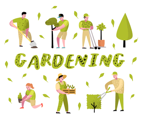 Gardening Cartoons Set. Funny Simple Characters with Plants and Trees. Man and Woman Gardener. Vector illustrationのイラスト素材