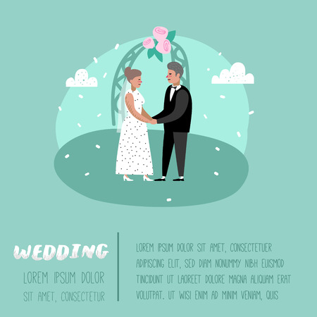Wedding People Cartoons Bride and Groom Characters Poster Card. Romantic Ceremony Elements with Happy Couple. Vector illustrationのイラスト素材