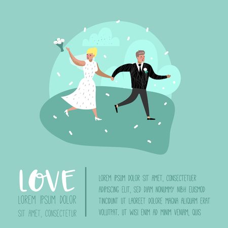 Wedding People Cartoons Bride and Groom Characters Poster Card. Romantic Ceremony Elements with Happy Couple. Vector illustrationのイラスト素材