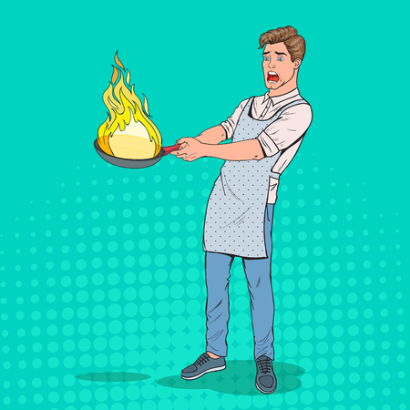 Pop Art Man in the Kitchen Holding Pan. Afraid Young Guy in Apron Cooking with Burning Pan. Vector illustrationのイラスト素材