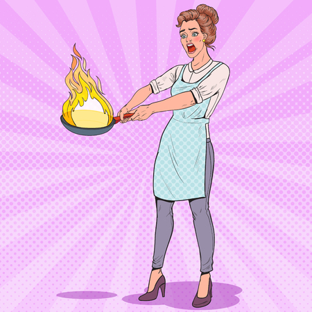 Pop Art Housewife in the Kitchen Holding Pan. Afraid Young Woman in Apron Cooking with Burning Pan. Vector illustrationのイラスト素材