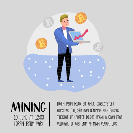 Bitcoin Concept with Flat Cartoon Character Poster, Banner. Crypto Currency Virtual Money. Bitcoin Mining, Electronic Finance. Vector illustrationのイラスト素材