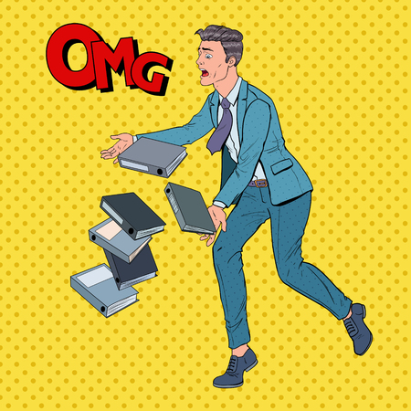 Pop Art Careless Businessman Dropping Folder Documents. Office Worker with Paper Files. Vector illustrationのイラスト素材