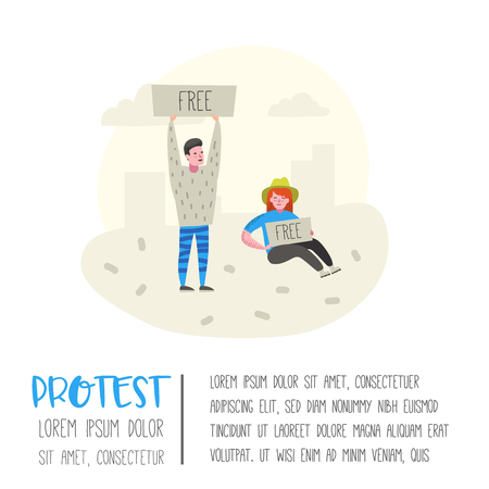 Group of Flat Angry People Protesting at Strike. Characters Picketing Against Something with Banners and Placards. Demonstration, Protest, Picket. Vector illustrationのイラスト素材