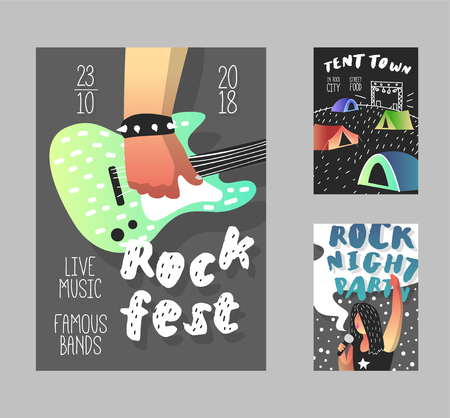 Rock Festival Poster. Music Fest Banner Template, Brochure, Placard, Flyer with Guitar, Punk and Tent Town. Vector illustrationのイラスト素材