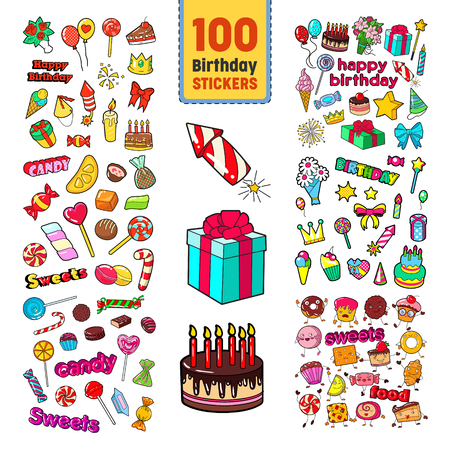 Happy Birthday Stickers Collection. Childish Party Decoration Set with Balloons, Gifts and Sweets. Vector illustrationのイラスト素材