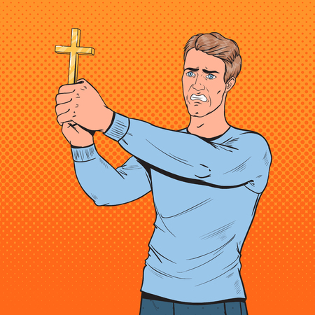 Pop Art Afraid Man Defending from Violence with Cross. Shocked Guy. Vector illustrationのイラスト素材