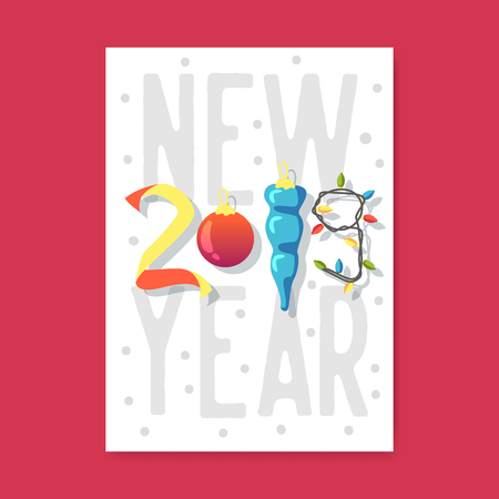 Happy New Year 2019 Poster. Greeting Card, Placard, Invitation Template with Garland and Christmas Balls. Vector illustrationのイラスト素材