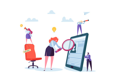 Business People Hiring New Staff. Office chair with vacancy sign. Head Hunters. Flat Characters are Examining a Resume. Recruitment Agency. Vector illustrationのイラスト素材