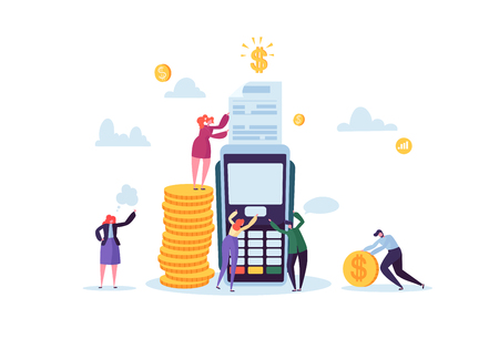Credit Card Payment by Terminal Concept with Flat People. Financial Transaction with Characters and Money. Vector illustrationのイラスト素材