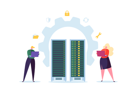 Data Center Technology Concept. Flat People Characters Engineers Working in Network Server Room. Web Hosting Administrator. Vector illustrationのイラスト素材