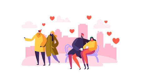 Male and Female Characters in Love. Happy Couples Romantic Day in the City. Valentines Card with People in Love. Vector illustrationのイラスト素材