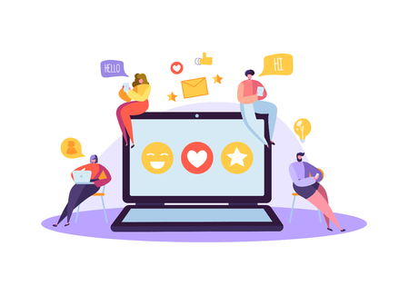 Social Media Concept with Characters Chatting on Gadgets. Group of Flat People Using Mobile Devices. Man and Woman Social Networking and Blogging. Vector illustrationのイラスト素材