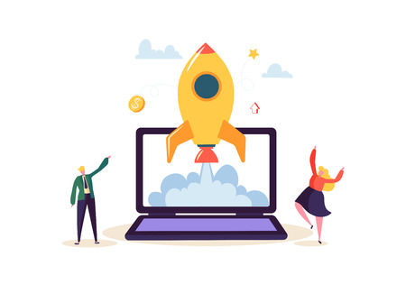 Startup Concept with Jumping Happy Characters. Flat Business People Launching Rocket. New Project Successful Start Up. Vector illustrationのイラスト素材