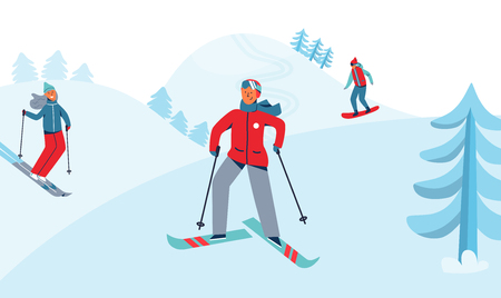 Winter Holidays Recreation Sport Activity. Ski Resort Landscape with Characters Skiing and Snowboarding. Happy People Riding on Snowy Downhill. Vector illustrationのイラスト素材