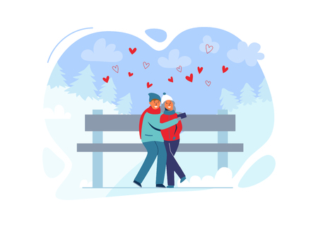 Young Couple in Love in Winter Clothes on Snowy Landscape. Happy Man and Woman Together in Park with Christmas Trees. Vector illustrationのイラスト素材