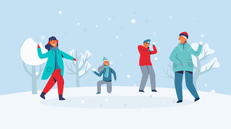 Winter Characters Playing Snowballs. Joyfull People Having Fun in Snow. Boys and Girls Throwing Snowball. Vector illustrationのイラスト素材