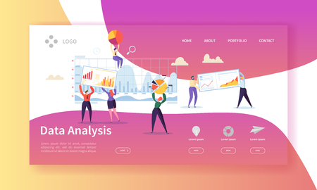 Data Analysis Concept Landing Page. Flat People Characters Building Dashboard Graph Website Template. Easy Edit and Customize. Vector illustrationのイラスト素材
