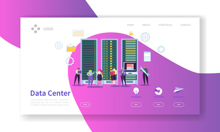 Data Center Concept Landing Page. Hosting Service Characters Cloud Data Storage Work Process Website Template. Easy Edit and Customize. Vector illustrationのイラスト素材