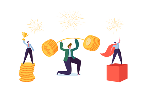 Successful Business Characters. Businessman Lifting Up Barbell with Coins. Man with Golden Cup. Goal Achievement Financial Success Concept. Vector illustrationのイラスト素材