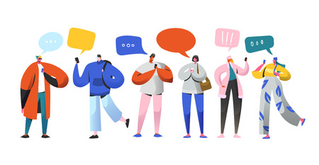 Social Networking Virtual Relationships Concept. Flat People Characters Chatting via Internet Using Smartphone. Group of Man and Woman with Mobile Phones. Vector illustrationのイラスト素材