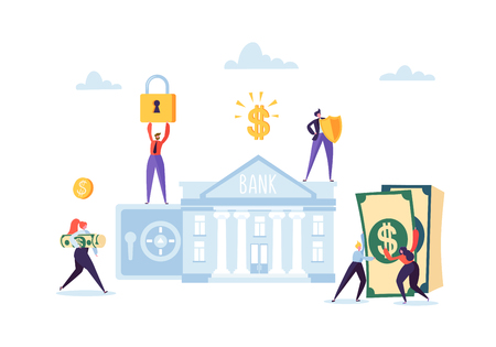 Money Savings Concept. Business People Characters Investing Money on Bank Account. Safe Deposit, Banking, Earnings, Investments. Vector illustrationのイラスト素材