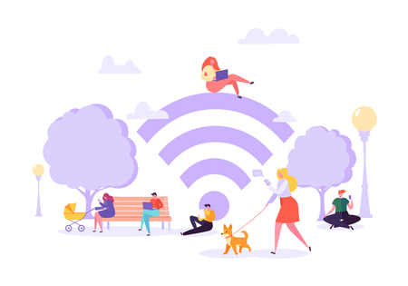 Wifi in the Park with People Using Smartphone and Laptop. Social Networking Concept with Characters with Mobile Gadgets. Vector illustrationのイラスト素材