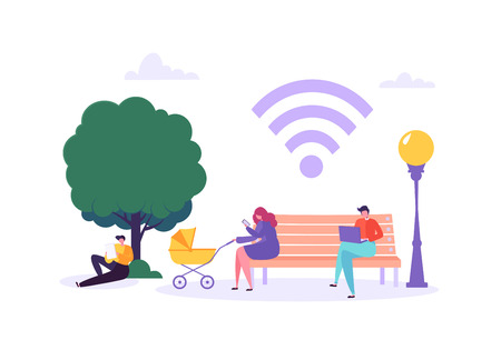 Wifi in the Park with People Using Smartphone and Laptop. Social Networking Concept with Characters with Mobile Gadgets. Vector illustrationのイラスト素材