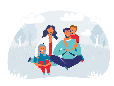 Happy Family enjoying Picnic. Mother, Father and Children Characters smiling and sitting on grass. People in the Park or Forest. Vector Illustrationのイラスト素材