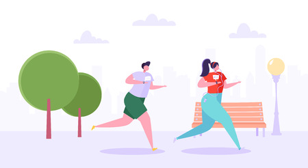 Man and Woman Characters Running in the Park. Happy Active People Jogging. Couple Running Marathon. Healthy Lifestyle, Fitness in the City. Vector Illustrationのイラスト素材