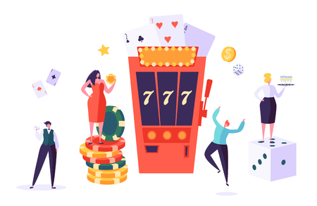 Casino and Gambling Concept. People Characters Playing in Games of Fortune. Man and Woman Play Poker, Roulette, Slot Machine. Vector Illustration