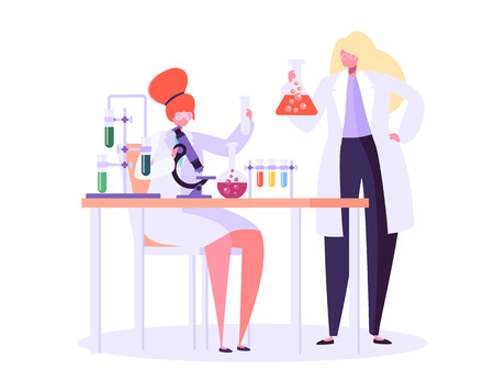 Pharmaceutic Laboratory Research Concept. Scientists Characters Working in Chemistry Lab with Medical Equipment Microscope, Flask, Tube. Vector illustrationのイラスト素材