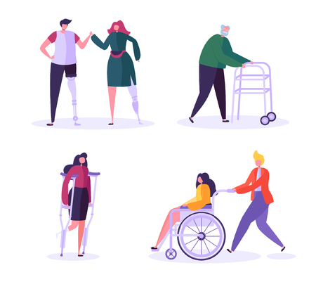 Disabled People Characters. Woman in Wheelchair with Careful Man. Patients with Disabilities, Girl on prostheses. Recovering and Rehabilitation. Vector illustrationのイラスト素材