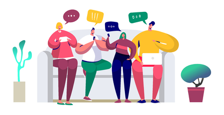 Young people sitting on the couch and writing messages in chat using smartphone, computer, laptop. Friends chat via mobile phone, texting via messenger app and sending sms. Vector illustrationのイラスト素材