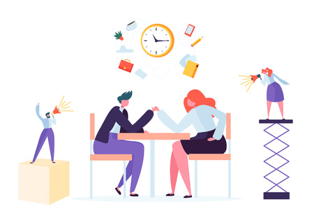Business challenge, corporate rivalry concept. Business people characters armwrestling at office desk. Vector illustrationのイラスト素材
