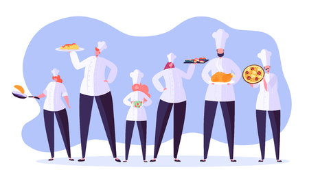 Chef characters set. Cartoon chief cooking in restaurant. Cook with tray and different meals. Food industry. Vector illustrationのイラスト素材