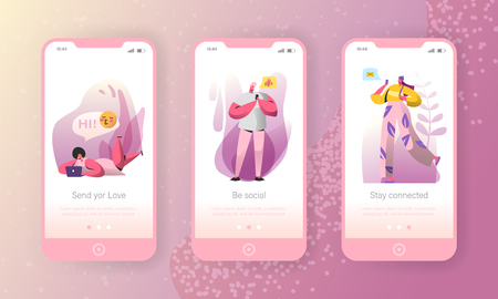 Social media onboarding mobile app screens. Young people characters chatting online in social network using smartphone and laptop for website or web page. Vector illustrationのイラスト素材