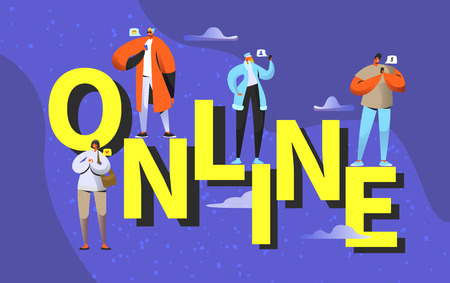 Social media concept. Young people characters chatting online in social network using mobile devices smartphone, laptop for poster, banner, flyer. Vector illustrationのイラスト素材