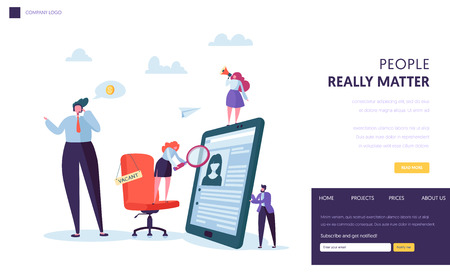 Business People Hiring New Staff Banner Design. Office Chair with Vacancy Sign. Recruit Career Talent Concept for Website Template. Candidate Profile CV Examing. Flat Cartoon Vector Illustrationのイラスト素材